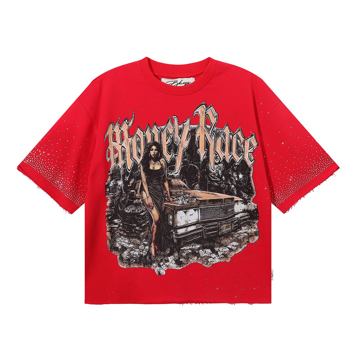 BKYS Revival Money Race Rhinestone Cropped Short-Sleeve T-Shirt