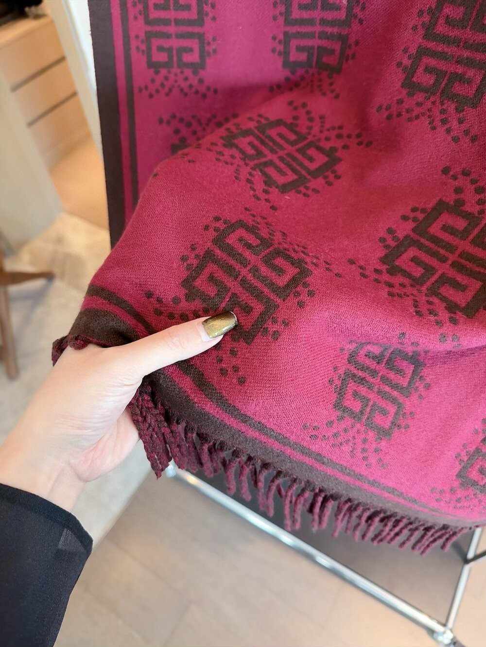 GIVENCHY Burgundy Geometric Fringed Scarf